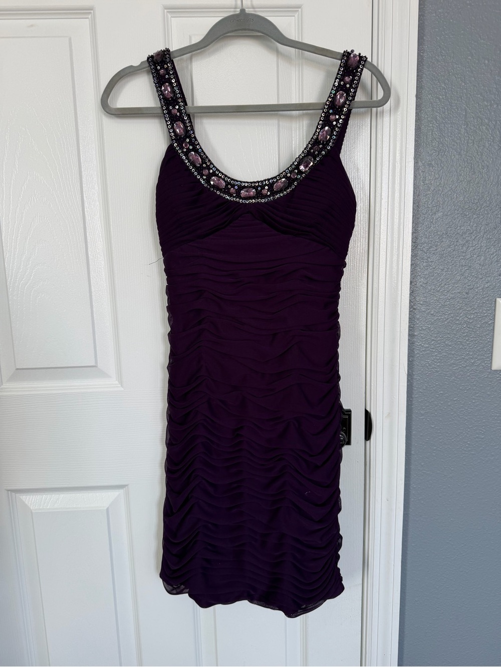 Cache Beaded Scoop Neck Ruched Purple Mini Dress